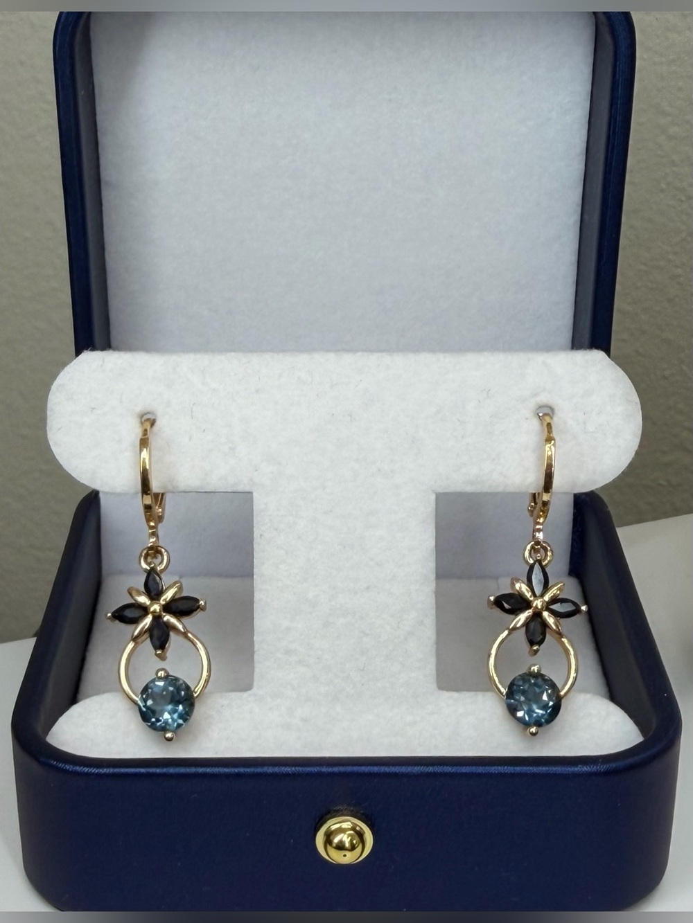 Natural London Blue Topaz & Sapphire Dangle Earrings 18K Gold over 925 Sterling